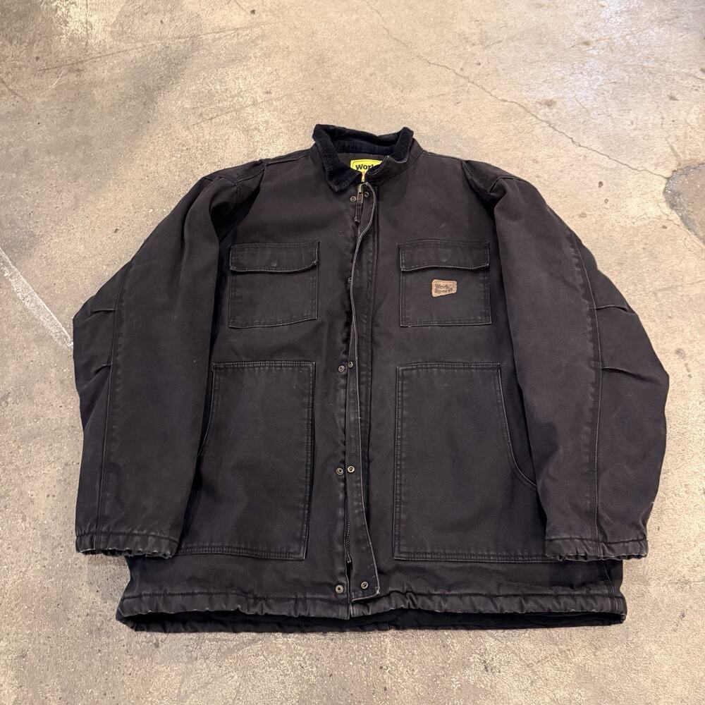 Vintage Work n Sport Black Canvas Work Jacket Corduroy Collar Quilted Mens